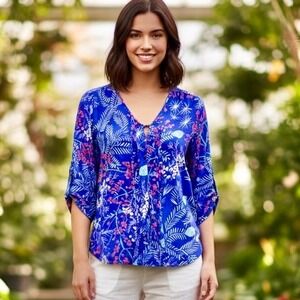 Yumi Kim 100%‎ Silk Blouse Shirt Women Small Purple Floral Buttons 3/4 Sleeves